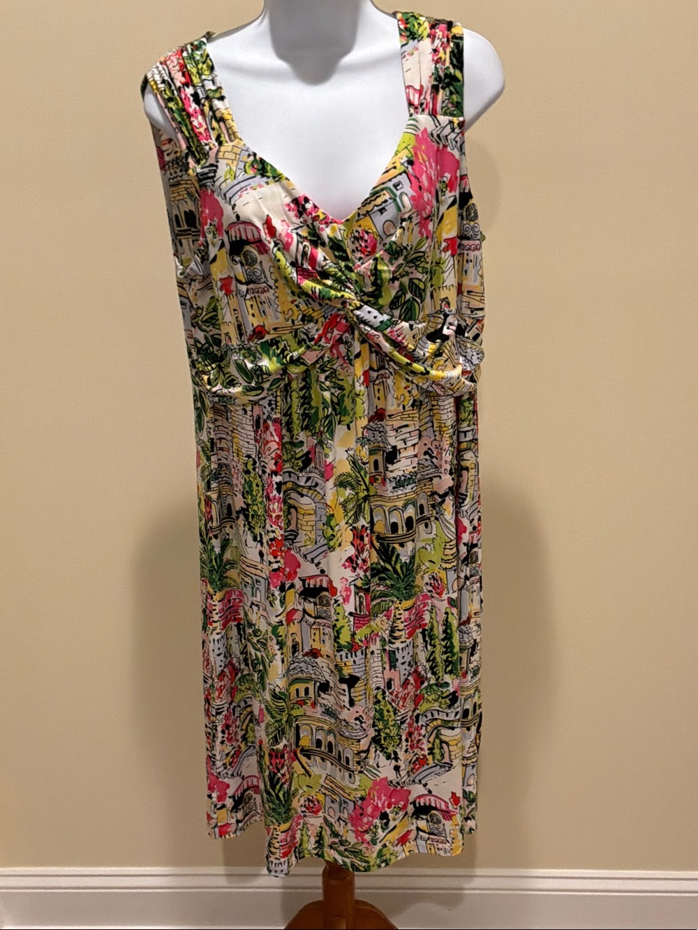 Island Republic Cream Midi Dress with Pink, Green & Yellow Scenic Print size L